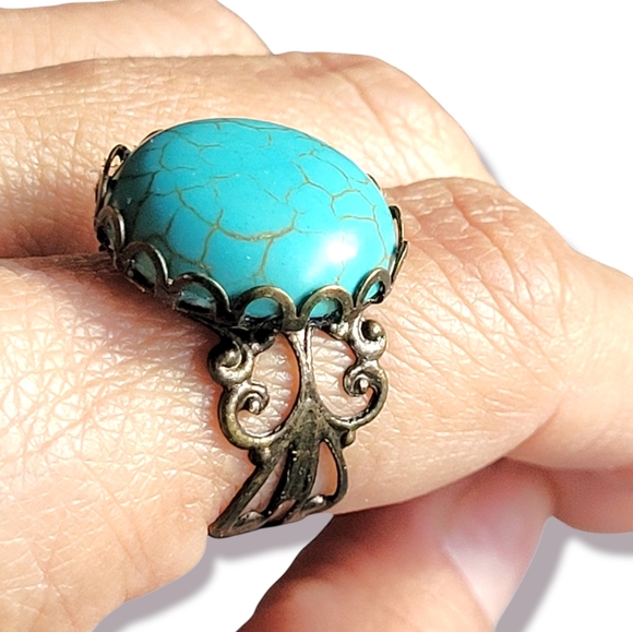Turquoise Victorian Style Cabochon French Copper Filigree Ring, 8 - Picture 8 of 8